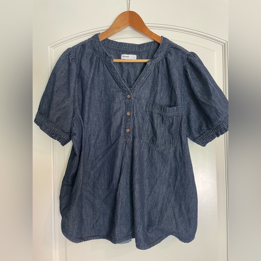 Sonoma Dark Navy Denim Henley Tunic Top with Pocket 100% Cotton